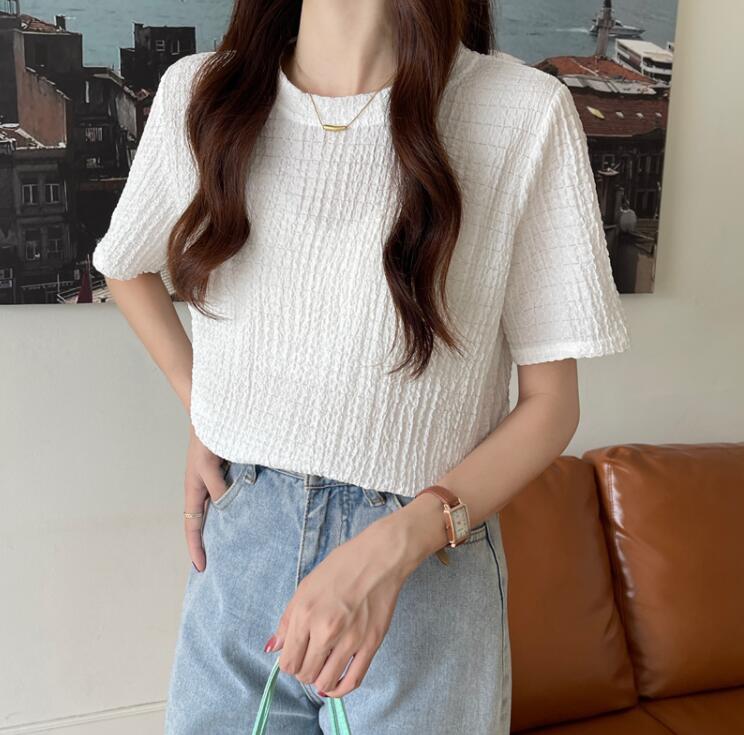 カットソー Tシャツ 半袖 凸凹 ジャガード しぼ　トップス レディース Uネック おすすめ おしゃれ 可愛い お洒落 ゆったり 着心地 カジュアル　大きいサイズ メール便 2023春夏新作