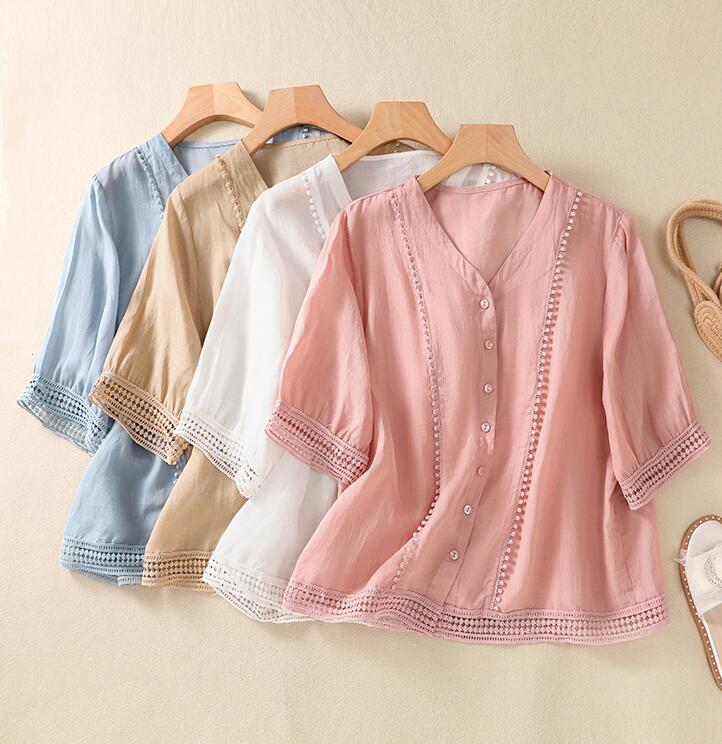 ブラウス トップス 綿麻ブラウス 普通着 デート 春夏 通勤 女子会 半袖 お出かけ 上品 シンプル カジュ..