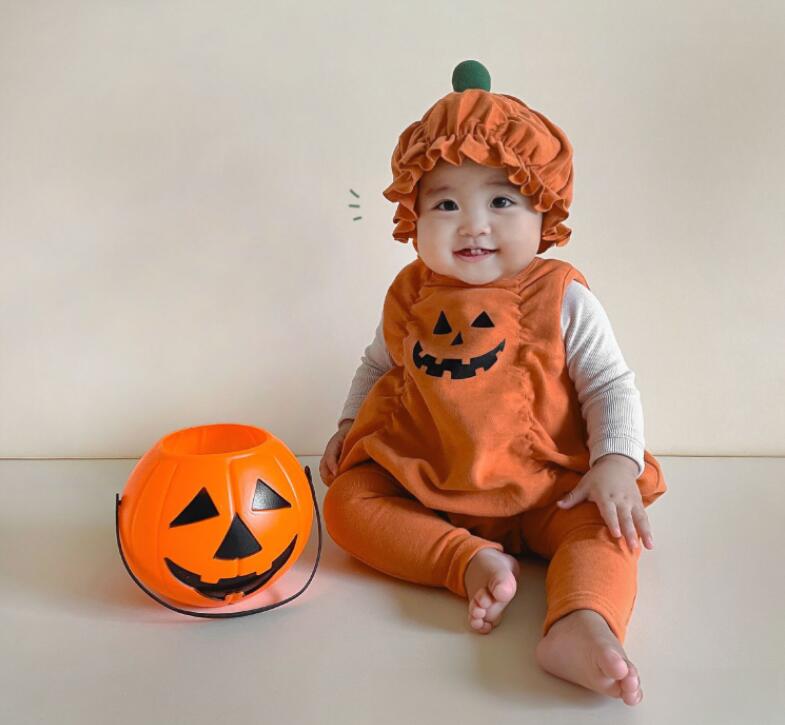 Rakuten - かぼちゃロンパース かぼちゃ コスチューム ロンパース ハロウィン 仮装 イベント ノースリーブ オレンジ 2点セット 帽子付き ベビー 赤ちゃん 可愛い おもしろい 66 73 80 90 送料無料