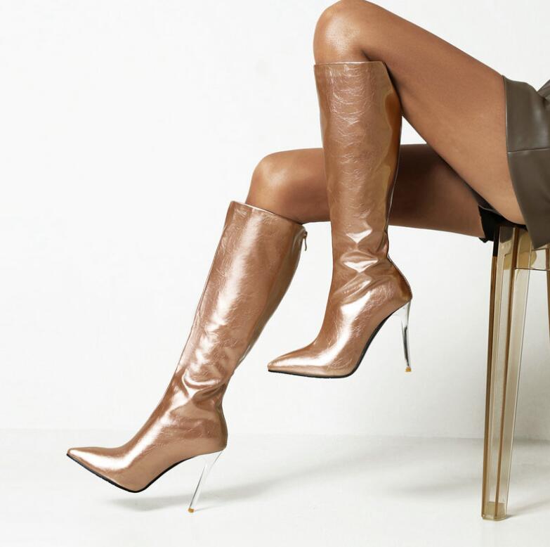 レディースブーツ　ロングブーツ　エナメル　10.5センチ　超ハイヒール　光沢　ロング丈　欧米スタイル　秋冬　春秋　大きいサイズ　小さいサイズ　 ピンヒール　ロングブーツ 　ダンス　舞台