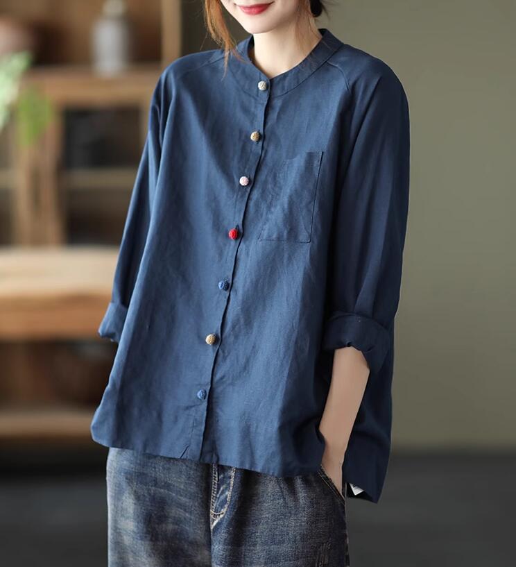 Rakuten - リネンシャツ ブラウス 長袖　綿麻シャツ　シャツブラウス レディース ガーゼ シャツ 夏 丸襟 シャツ 無地 ガーゼ シンプル 綿 半袖 コットン 通気 ダブルガーゼ カジュアル