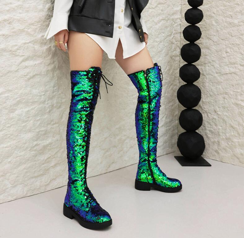 ロングブーツ レディース ニーハイブーツ キラキラ ダンスシューズ 編み上げブーツ レースアップ 大きいサイズ 疲れない ローヒール 春ブーツ 人気 レディース...