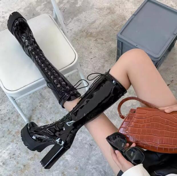 厚底ブーツ ロングブーツ レースアップブーツ 美脚 編み上げ ブーツ ゴスロリ コスプレ 太ヒール 黒 ブラック 靴 レディース 合皮 女性 カジュアル 靴 シ...