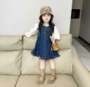 デニムワンピース キッズ ジャンパースカート&ブラウス デニム 子供服 女の子 袖なし ノーカラー 重ね着 ミモレ丈 ひざ丈 ワンピース ジュニア フォーマル デニム 春 秋 可愛い 通学 通園(4)