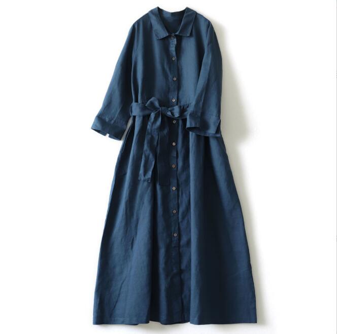 Rakuten - シャツワンピース　リネンワンピース 　ロングワンピース ナチュラル 長袖 　大人可愛い カジュアル シンプル おしゃれ お出かけ デート 普段使い デイリー 着回し 麻 リネン ワンピース