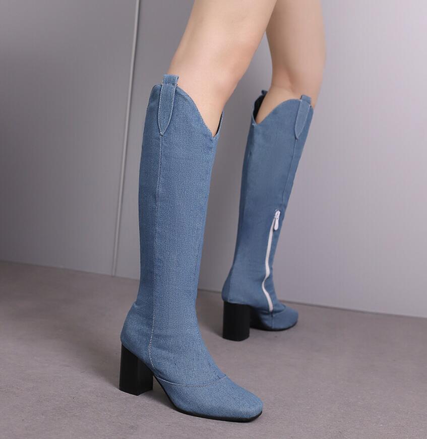 レディースブーツ　デニムブーツ　ロングブーツ　エンジニアブーツ　ジョッキーブーツ　ハイヒールブーツ　大きいサイズ　小さいサイズ　29cm　長靴　デニム素材　ロング丈　秋冬　太ヒール　7cm