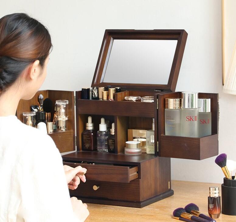 木製コスメ収納ボックス スリム メイクボックス 大容量 鏡付き ナチュラル おしゃれ かわいい コスメボックス 送料無料 持ち運び便利 化粧品 収納 メイク道具入れに人気！化粧箱 クリスマスプレゼント