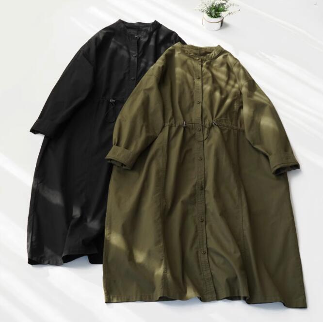 Rakuten - シャツワンピース　春ワンピース 　ウェスト調整　ロングワンピース ナチュラル 長袖 　大人可愛い カジュアル シンプル おしゃれ お出かけ デート 普段使い デイリー 着回し 麻 リネン ワンピース