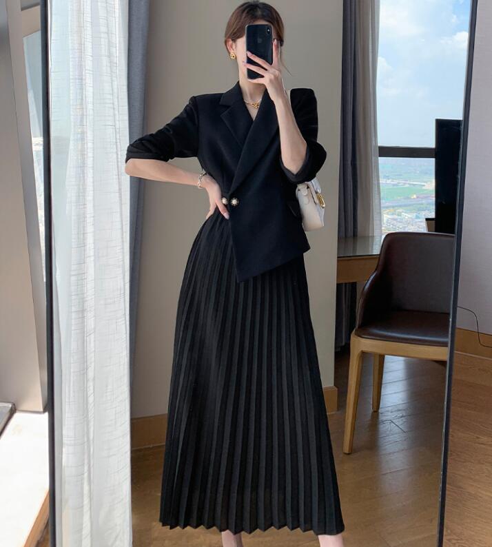 テーラードワンピース スーツワンピース　ロングワンピース プリーツワンピース　レディース ワンピース 長袖 膝丈 プリーツワンピース オシャレ 無地 大きいサイズ 通勤 OL 春　秋 着痩せ フォーマル(4)