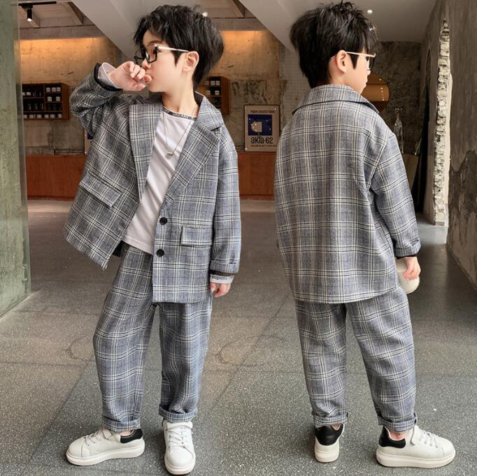 Rakuten - 卒業式 入学式 スーツ 男の子 ジュニア 2点セット　チェック柄　大きいサイズ ゆったり　小学生 セットアップ フォーマル スーツ 長袖 卒園式 子供服 入学式 スーツ ジャケット ロングパンツ 子供服 グレー ブラック 発表会