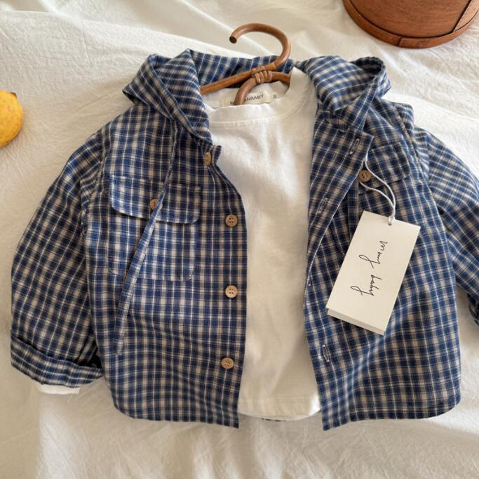 Rakuten - フード付き キッズシャツ チェック柄 男の子 春秋 ボタンシャツ ベビー ボーイズ キッズ 子供服 ジュニア 可愛いシャツ 長袖 カジュアルシャツ 日常着 通園 通学 90 100 110 120 130cm 140cm