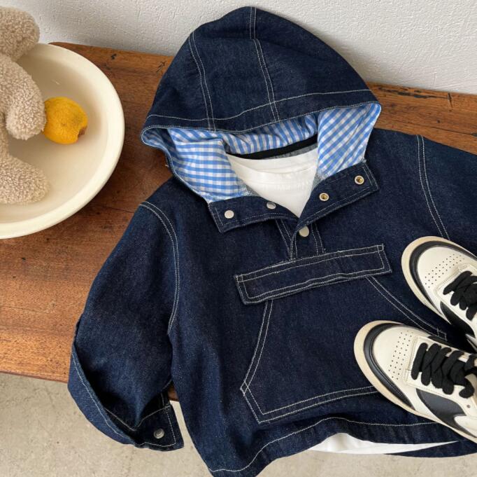 Rakuten - デニムパーカー　チュニック フード付き　子どもパーカー デニムブラウス 長袖 子供服 キッズ トップス 無地 プルオーバー ナチュラル 重ね着 韓国風 可愛い 通学 小学生 春秋 かわいい 薄手