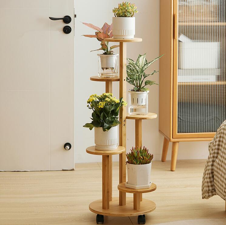 竹製 プランターベース 花台 5段 植木鉢 鉢 ポット スタンド キャスター付き フラワースタンド スチー..