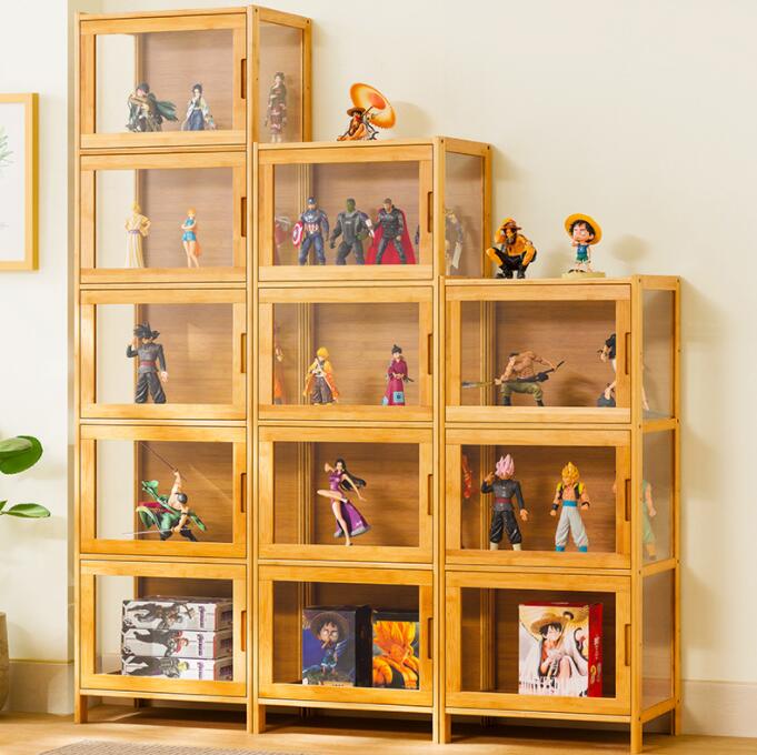 アクリル コレクションケース 上下スライド式扉 竹製 3層/4層/5層/6層　大型 ロータイプ フィギュアコ..