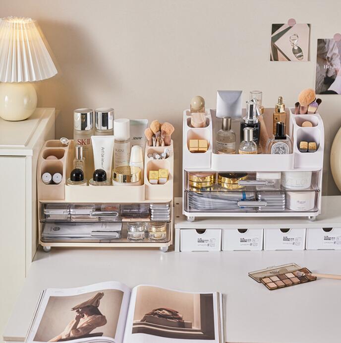 化粧品収納ボックス メイクボックス 持ち運びメイクポーチ 引き出し 卓上収納ケース 収納ボックス プラスチック 化粧品入れ コスメ収納 メイク収納 大容量 メイクケース ジュエリーケース 防塵 防水 浴室 洗面所 収納 オシャレ かわいい