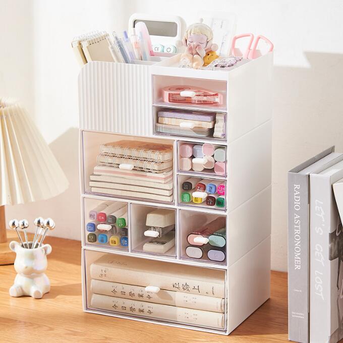 Rakuten - 引き出し 卓上収納ケース 収納ボックス プラスチック 横 小物 2段 ホワイト 滑り止め 大容量 文房具収納 書類ケース 化粧品 事務用品 文書 組み合わせても 頑丈 シンプルでおしゃれ