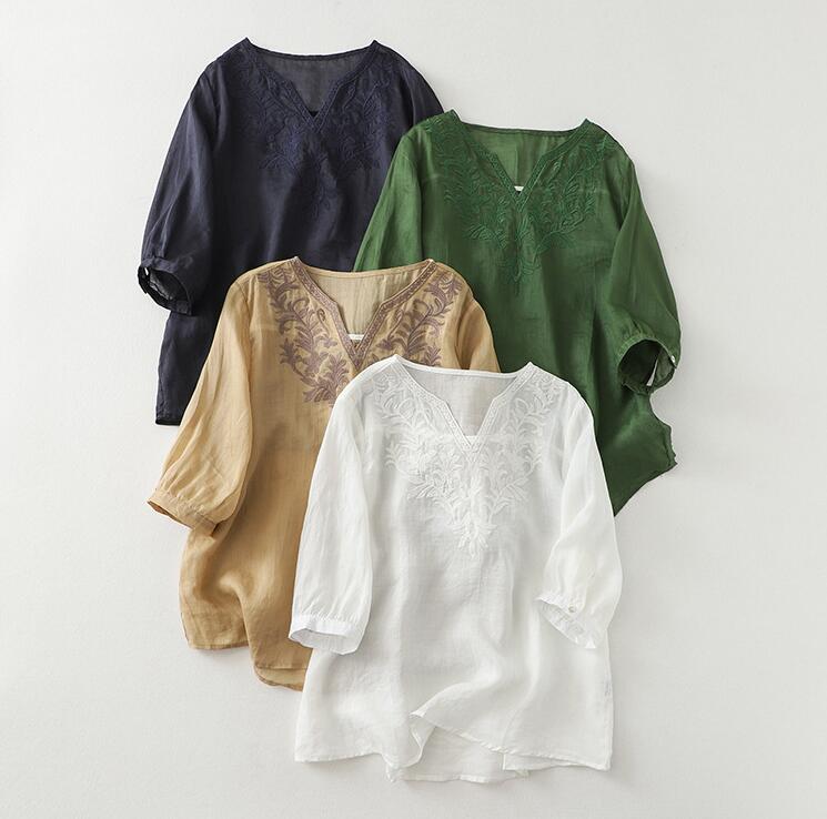 Rakuten - ブラウス トップス 綿麻ブラウス 普通着 デート 春夏 通勤 女子会 半袖 お出かけ 上品 シンプル カジュアル オシャレ ファション 可愛い 大きいサイズ 体型カバー チュニック 立ち襟 詰襟 ボタン付き リネンブラウス シャツ