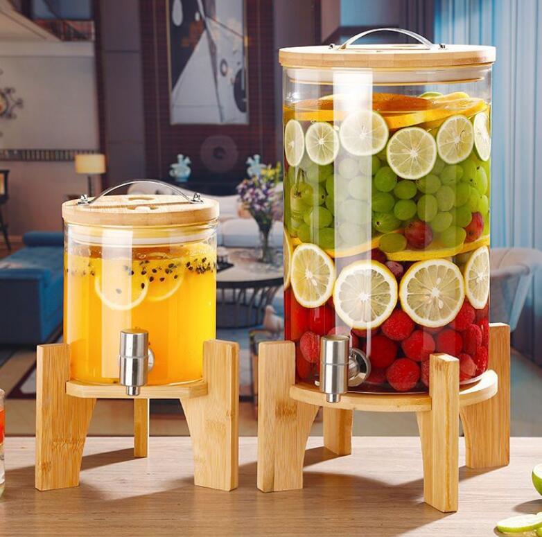 冷水筒 ドリンクサーバー ガラス貯蔵タンク 大容量 ガラスポット 保存瓶ドリンクディスペンサー ス製の蛇口 梅酒 ジュース ビール バレルディスペンサー 貯蔵容器 飲料水バケット密閉タンク