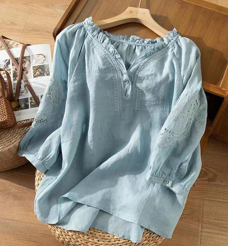 ブラウス トップス 綿麻ブラウス 普通着 デート 春夏 通勤 女子会 半袖 お出かけ 上品 シンプル カジュ..