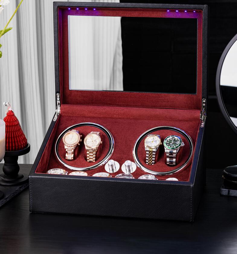 ワインディングマシーン 4本巻き上げ 6本収納 腕時計自動巻き上げ機 ウォッチワインダー 高級時計ケース 自動巻き 腕時計ワインダー 静音設計 ウッド調 PUレザーインテリア 2 Way式充電 レディース メンズ時計対応