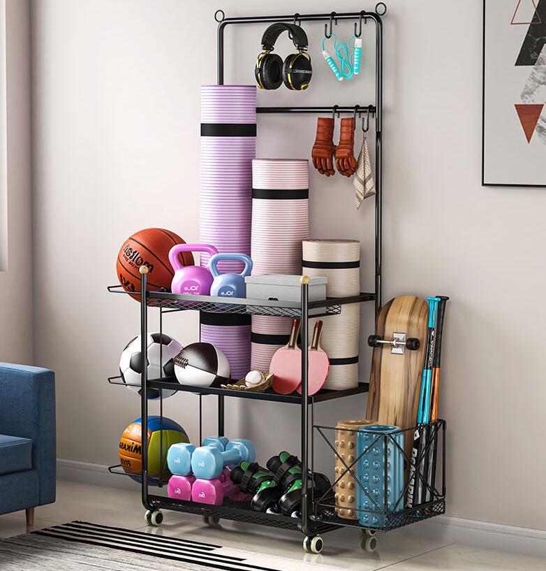 ヨガマット収納ラック ボールカゴ バスケ ホームジム エクササイズ機器 ウエイトラック トレーニング機器収納オーガナイザー トロリーカート ホームジム用 ダンベルラック ボール収納 バスケット バレー 野球 バット ミット テニス