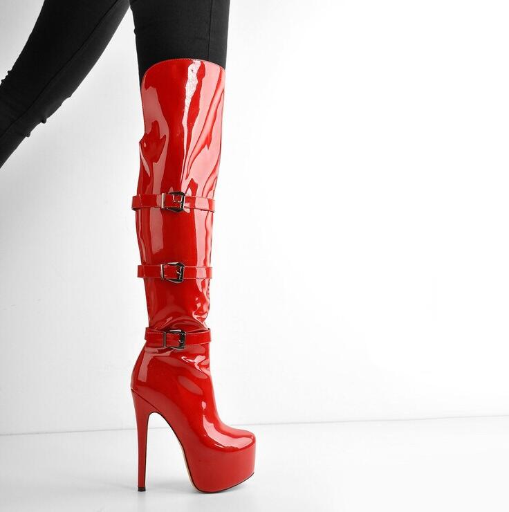 レディースブーツ　ニーハイブーツ　エナメル　14.5センチ　超ハイヒール　光沢　ロング丈　　秋冬　春秋　　サイハイブーツ　大きいサイズ　小さいサイズ　 ピンヒール　スーパーロングブーツ 　ダンス　舞台