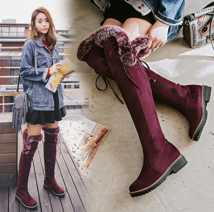 ロングブーツ　ムートンブーツ　裏起毛ブーツニーハイブーツ ファー 秋冬 スエードブーツ　 太ヒール ストーム 疲れにくい 美脚 可愛い