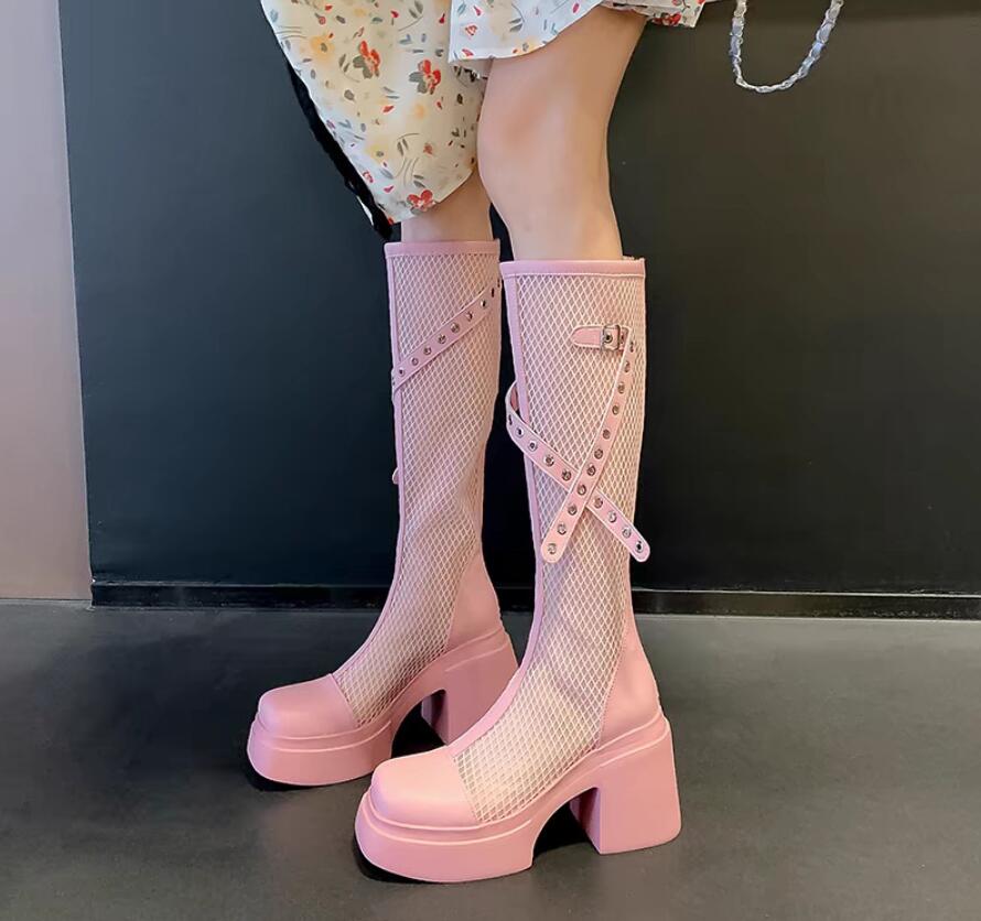 Sandal Boots - サマーブーツ　メッシュ ブーツサンダル　ブーティー　ロングブーツ 　通気 歩きやすい 痛くない 靴 シューズ 軽い 可愛い 太めヒール サマーシューズ 　夏サンダル　シースルー　5cmヒール　透かし　レディース靴
