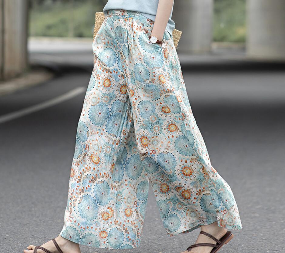 Rakuten - ロングパンツ ワイドパンツ　ボヘミアン風　レディース きれいめ 春 夏 ガウチョパンツ リネン パンツロング丈　フレア ワイドパンツ ロングパンツ ウエストゴムパンツ 麻混 亜麻 麻 夏 接触冷感 涼しい コットン体型カバー 韓国ファッション ゆったり