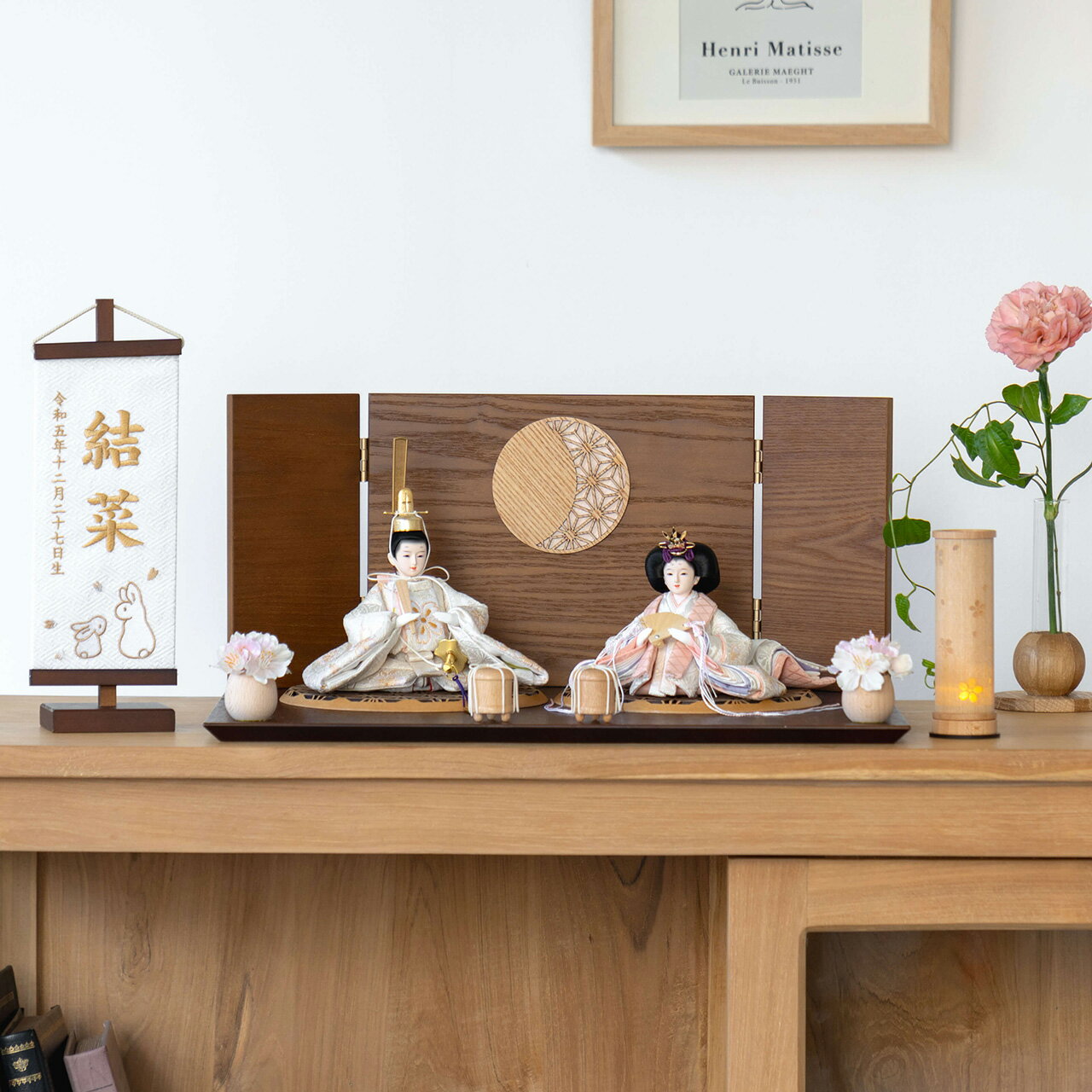 お雛様(3TH-0514)　雛人形かわいい　ひな人形コンパクト　桃の節句　初節句女の子　おひなさまおしゃれ　インテリア　ひなにんぎょう　麻の葉　国産　天然木