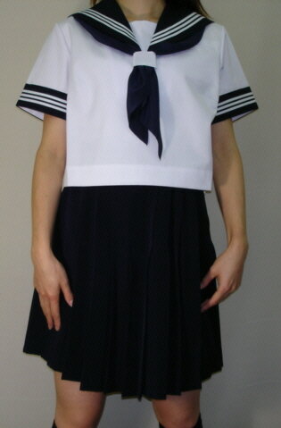 Teen-SH56衿・カフス紺色:白3本線夏半袖セーラー服 高校生 学生 中学 女子高生 進学 学校スクール ネイビー 紺 無地