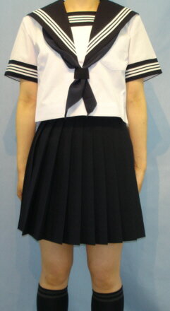 SH47衿深め・袖カフス・胸当紺色白3本線半袖セーラー服 SH47衿深め・袖カフス・胸当紺色白3本線半袖セーラー服