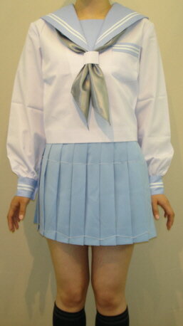 SN03Big衿・カフス・P水色・白2本線・夏長袖セーラー服 BIGサイズ