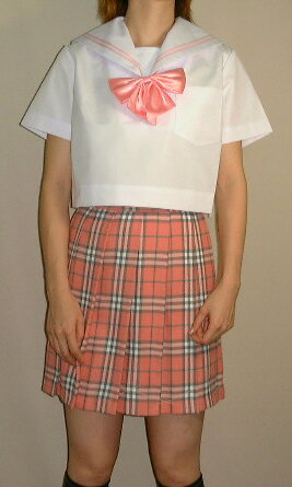 SH33衿白色、ピンク2本線半袖セーラー服