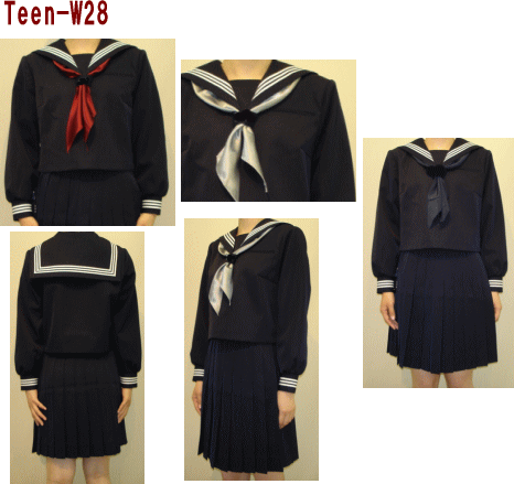 W28Big 紺セーラー服胸当て付衿・カフス白3本線