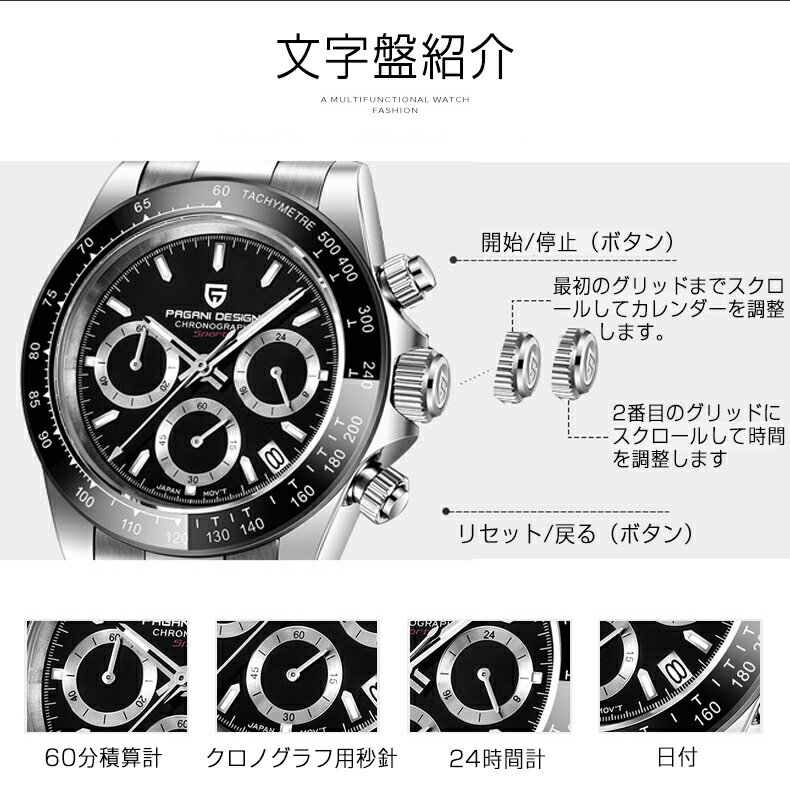腕時計 メンズ 40代 50代 PAGANI ストラップ時計 マルチカレンダー、クロノグラフ 防水性と耐スクラッチ性 アナログクロノグラフビジネスウォッチ アナログ腕時計 PD-1644