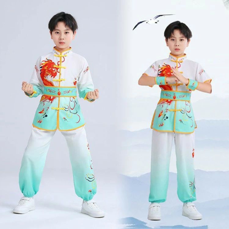 子供武術服 カンフーウェア 演武服 太極拳服 キッズ 上下セット 6色 グラデーショ...