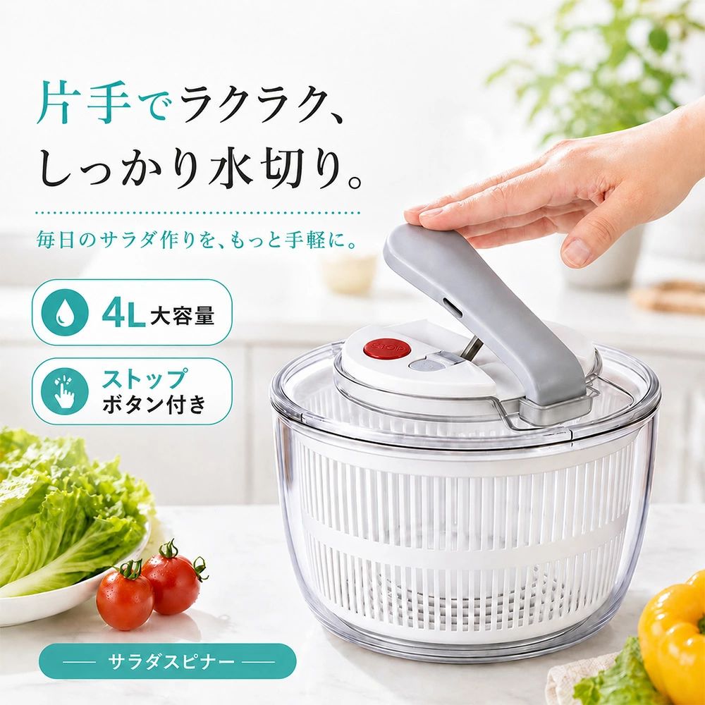 商品情報 商品説明【軽い力でしっかり水切り＆回転コントロール】レバーを握るだけで、軽い力で効率的に水切りができます。野菜のみずみずしさをキープし、シャキッとした食感のサラダに。特許取得のブレーキボタン搭載で、回転をピタッと止めたい時もワンタッチ。思い通りの水切り加減を実現します。 【コンパクト収納でキッチンスペースを有効活用】使用しない時はレバーを折りたたみ、本体をスリムに収納。上面がフラットになるので、上に物を重ねて置くことも可能です。キッチンの限られたスペースをすっきり有効活用できます。 【食洗機対応でお手入れラクラク】ボウルとバスケットは食洗機に対応（低温設定のみ）。フタも含めて簡単に分解でき、細かい部分まで清潔に保てます。毎日の使用でもお手入れの手間がかかりません。 【多機能で幅広く活躍＆そのまま冷蔵保存】サラダスピナーとしてだけでなく、ボウル単体・ザル単体・ボウルとザルの組み合わせと、4通りの使い方が可能。野菜の水洗い、水切りはもちろん、フタをすればそのまま冷蔵庫で保存もできます。作り置きサラダや下ごしらえした野菜の保管に便利です。 【滑り止め付きで安定操作】底面に滑り止めが付いており、レバー操作時に本体がずれにくく、安全に力を込められます。濡れた手でも安定して使用できます。 【食品に安心な素材使用】食品に触れる部分には安全な素材を使用。小さなお子様がいるご家庭でも安心してお使いいただけます。 カラーブラック、ホワイト、白、黒 キーワードサラダスピナー、野菜水切り器、レバー式、折りたたみ、コンパクト収納、食洗機対応、低温設定のみ、軽い力、ボウル、ざる、多機能、冷蔵庫保存、滑り止め付き、分解可能、お手入れ簡単、BPAフリー、ブレーキ機能、ストップボタン、回転式、手動、時短、キッチン用品、調理器具、一人暮らし、ファミリー、ギフト、プレゼント、おしゃれ、シンプル、クリア、大容量、小さい、大きめ、ステンレス（※一部部品に使用）、AS樹脂、ポリプロピレン、熱可塑性エラストマー、ポリアセタール、直径21cm、満水容量4.5L 【注意事項】：・当店でご購入された商品は、原則として、「個人輸入」としての取り扱いになり、中国からお客様のもとへ直送されます。 ・通関時に関税・輸入消費税が課税される可能性があります。 ・課税額はご注文時には確定しておらず、通関時に確定しますので、商品の受け取り時に着払いでお支払いください。詳細はこちらご確認下さい。 ・個人輸入される商品は、全てご注文者自身の「個人使用・個人消費（日本に居住する者に寄贈される物で、当該寄贈を受ける者の個人的な使用に供される場合を含みます。）」が前提となります。第三者への譲渡・転売が法令で禁止されるもの（医薬品、医薬部外品、化粧品等を含みますが、これに限られません。）もございますのでご注意下さい。 ・一部商品は国内の提携先倉庫から配送されます。 ・国内配送の商品は国内でのお買い物と同じく消費税が発生いたします。関税はかかりません。 ＊色がある場合、モニターの発色の具合によって実際のものと色が異なる場合がある。 メーカー希望小売価格はメーカー商品タグに基づいて掲載しています【クーポンで3,450円！送料無料】サラダスピナー クリアサラダスピナー 水切りサラダ 野菜 水切り器 野菜水切り器 レバー式 プッシュ式 押すだけ 手動 回転 時短 大容量 小さい 食洗機対応 サラダボウル 蓋付き カゴ キッチン雑貨 キッチンツール 便利グッズ 一人暮らし レバーを回すだけ軽い力で水切り！コンパクト収納で冷蔵庫にもスッキリ。サラダや野菜の保存もできる多機能ボウル。おしゃれで人気、ギフトにもおすすめ。丈夫で長く愛用できる。台所用品 5 【注意事項】：・当店でご購入された商品は、原則として、「個人輸入」としての取り扱いになり、中国からお客様のもとへ直送されます。 ・通関時に関税・輸入消費税が課税される可能性があります。 ・課税額はご注文時には確定しておらず、通関時に確定しますので、商品の受け取り時に着払いでお支払いください。詳細はこちらご確認下さい。 ・個人輸入される商品は、全てご注文者自身の「個人使用・個人消費（日本に居住する者に寄贈される物で、当該寄贈を受ける者の個人的な使用に供される場合を含みます。）」が前提となります。第三者への譲渡・転売が法令で禁止されるもの（医薬品、医薬部外品、化粧品等を含みますが、これに限られません。）もございますのでご注意下さい。 ・一部商品は国内の提携先倉庫から配送されます。 ・国内配送の商品は国内でのお買い物と同じく消費税が発生いたします。関税はかかりません。 ＊色がある場合、モニターの発色の具合によって実際のものと色が異なる場合がある。