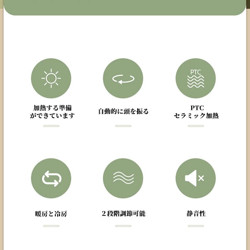 テシヨハウスのセラミックヒーター ヒーター ファンヒーター 小型 速暖 自動首振り 2段階調節可能 足元ヒーター 電気ストーブ 温冷風扇 脱衣所 暖房 省エネ しゃれ グリーン ホワイト 1800W｜アングル3