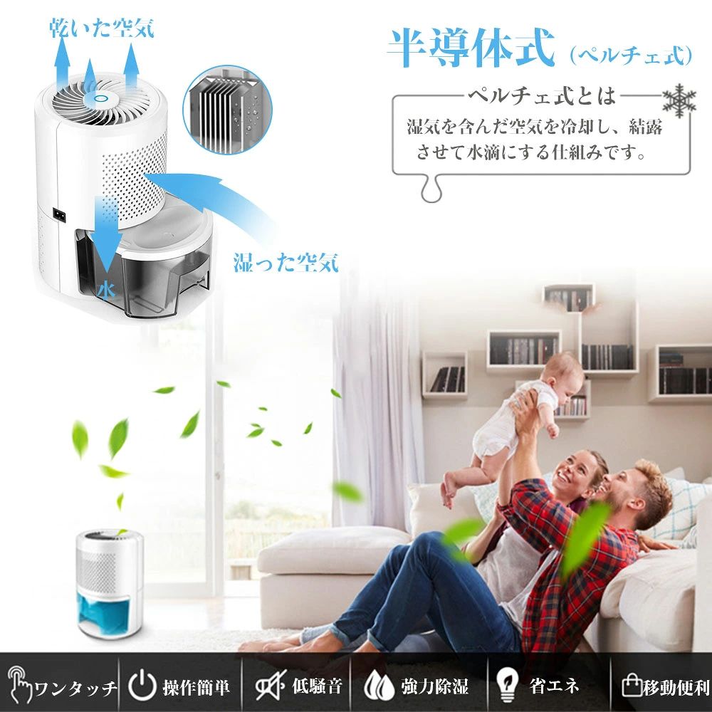 テシヨハウスの除湿機 除湿器 小型 卓上【900ml 大容量・強力除湿】半導体式 省エネ 静音 コンパクト 梅雨対策 衣類乾燥 部屋干し 狭所向け 湿気対策 満水自動停止機能 ワンボタン操作 結露防止 カビ対策 軽量 お手入れ簡単 洗面所 脱衣所 クローゼット リビング オフィス｜アングル2