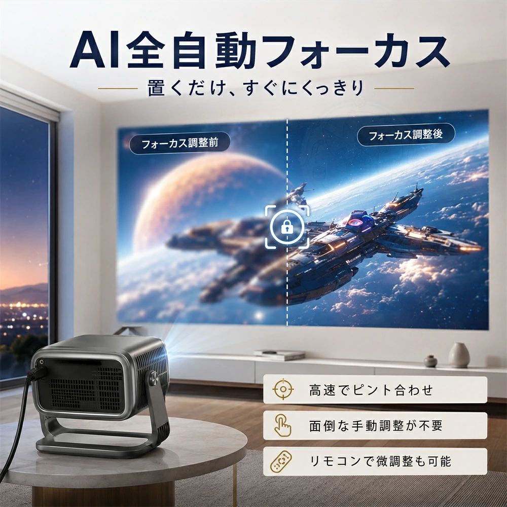 テシヨハウスの【2026年新登場・26000LM】プロジェクター 小型 家庭用 1080P 4K対応 自動フォーカス 台形補正 Android搭載 Netflix YouTube対応 5G WiFi6 Bluetooth5.2 天井投影可 2年保証｜アングル3