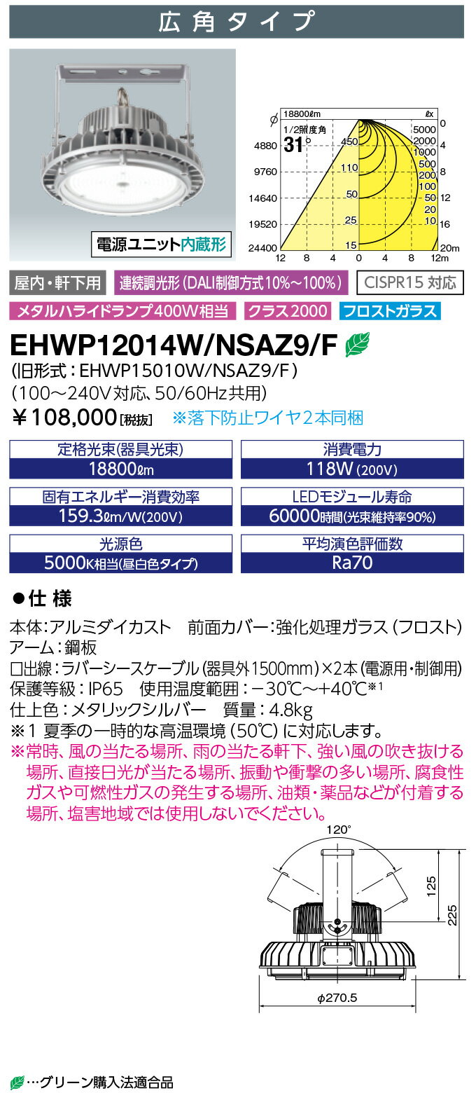 送料無料　ポイント2倍 岩崎電気 EHWP12014W/NSAZ9/F (EHWP12014WNSAZ9F) LED高天井器具 (レディオック ハイベイ シータ) 120W クラス2000 広角タイプ フロストガラス