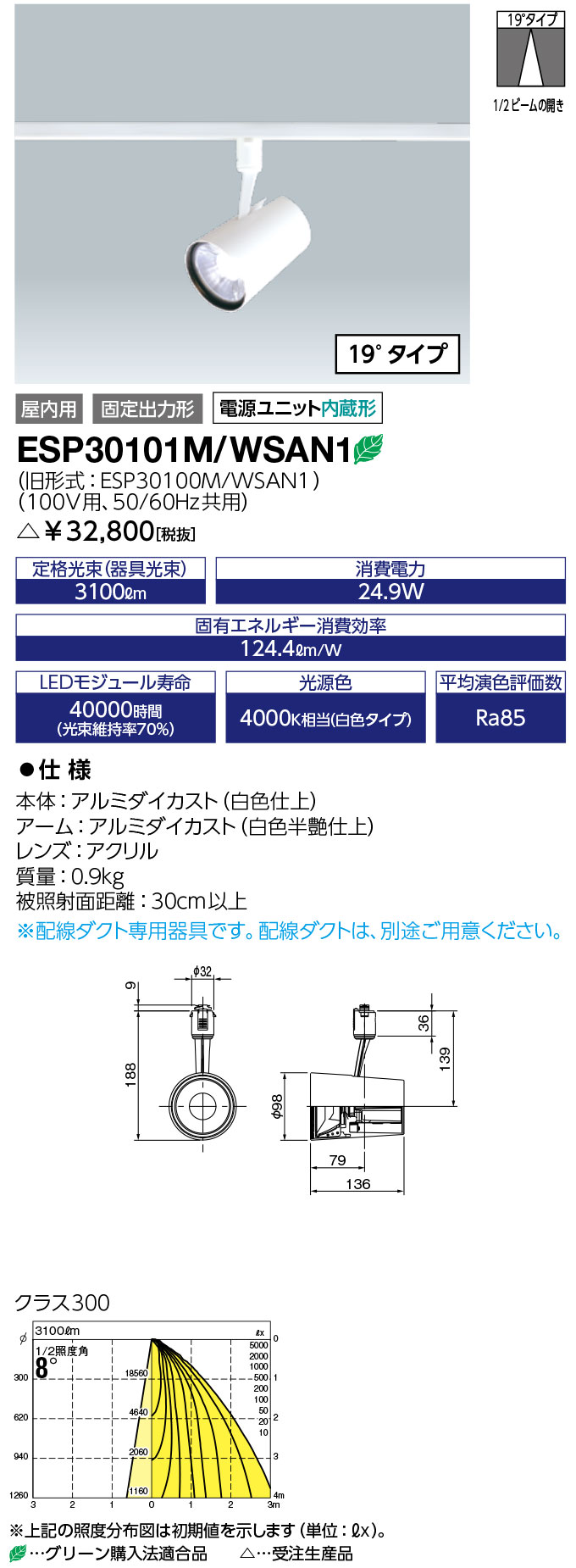 【楽天市場】送料無料 ポイント2倍 岩崎電気 ESP30101M/WSAN1 LEDioc LEDスポットライト (COBタイプ) 一般形
