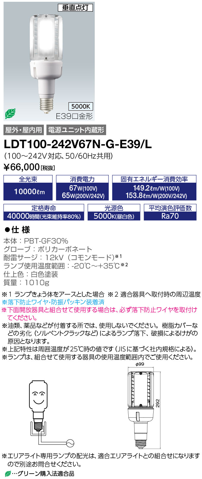 ̵ݥ2 ŵ LDT100-242V67N-G-E39/L (LDT100242V67NGE39L) LED饤ȥХK 67W () E39 250W ꥢ饤