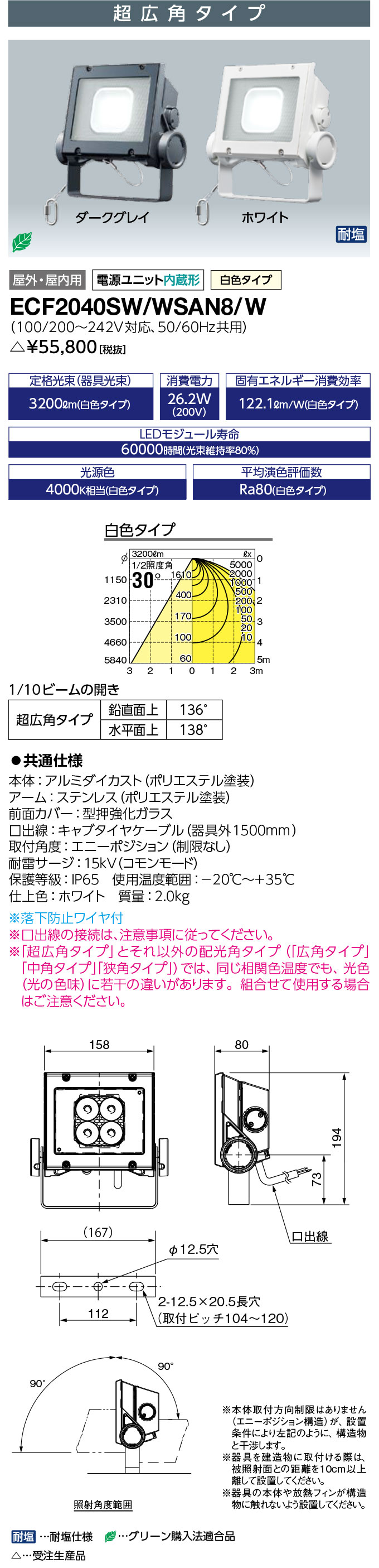 岩崎電気ECF2040SW/WSAN8/WLED投光器LEDiocFLOODNEO(レディオックフラッドネオ)20クラス超広角タイプ白色タイプ(ECF2040SWWSAN8W)受注生産品