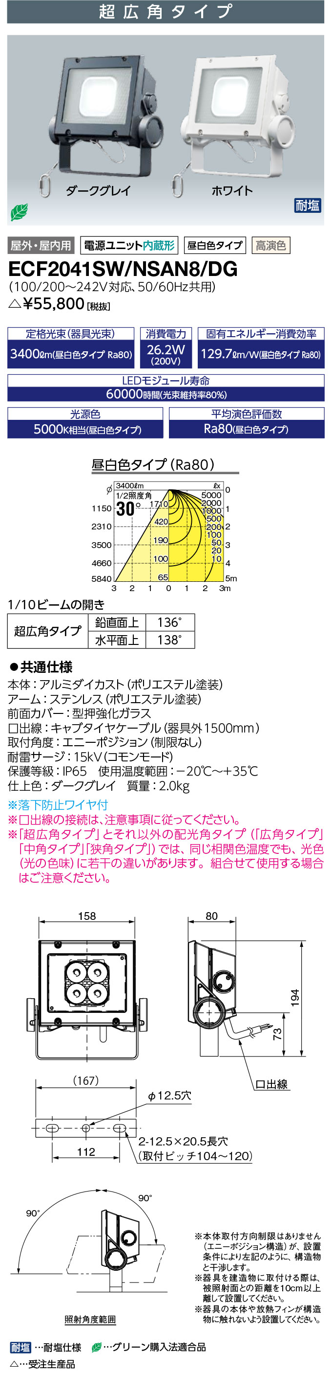 岩崎電気ECF2041SW/NSAN8/DGLED投光器LEDiocFLOODNEO(レディオックフラッドネオ)20クラス超広角タイプ昼白色タイプ高演色タイプ(ECF2041SWNSAN8DG)受注生産品