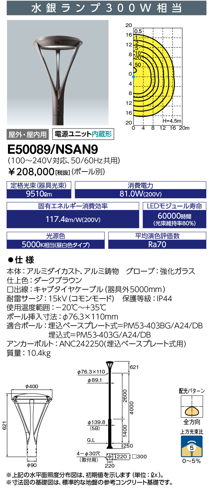 岩崎電気 E50089/NSAN9　 LEDポールライト レディオック エリア ラムス 水銀ランプ300W相当 昼白色タイ..