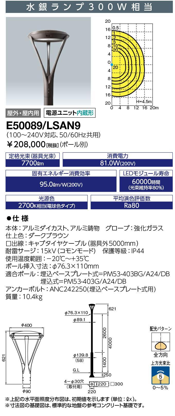 岩崎電気 E50089/LSAN9 LEDポールライト レディオック エリア ラムス 水銀ランプ300W相当 電球色タイプ..