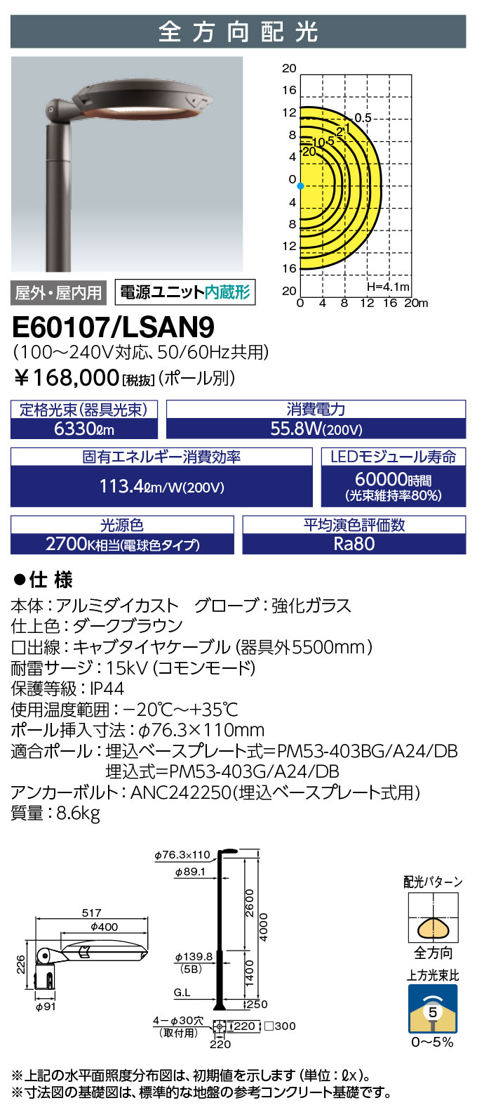 岩崎電気 E60107/LSAN9　 LEDポールライト レディオック エリア テンド 水銀ランプ250W相当 電球色タイプ (E60107LSAN9)
