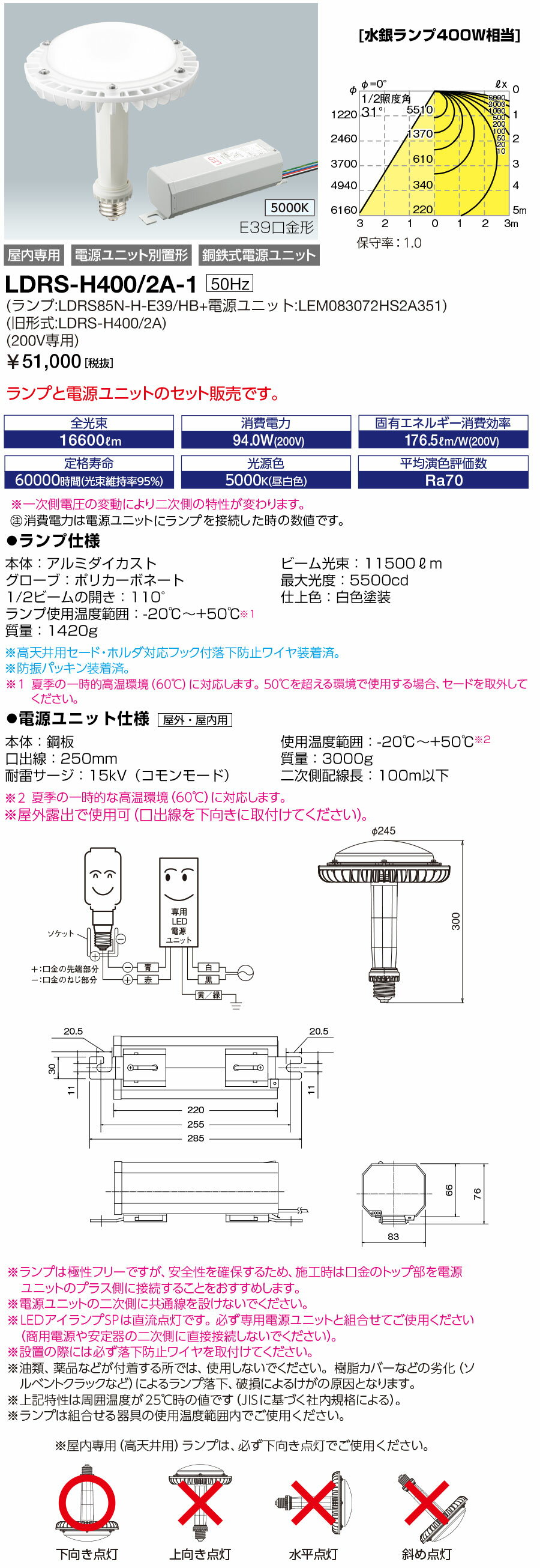 岩崎電気　LDRS-H400/2A-1　LEDioc LEDアイランプSP 85W (昼白色) (水銀ランプ400W相当) (50Hz用) クラス1500　（LDRSH4002A1）